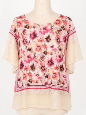 Floral Striped Poncho Top Pink Oversized Flutter Sleeve Blouse Plus 1X/2X Spring